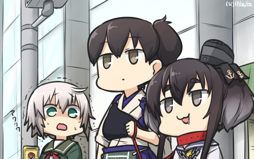 kaga, tokitsukaze, and shimushu (kantai collection) drawn by hamu_koutarou