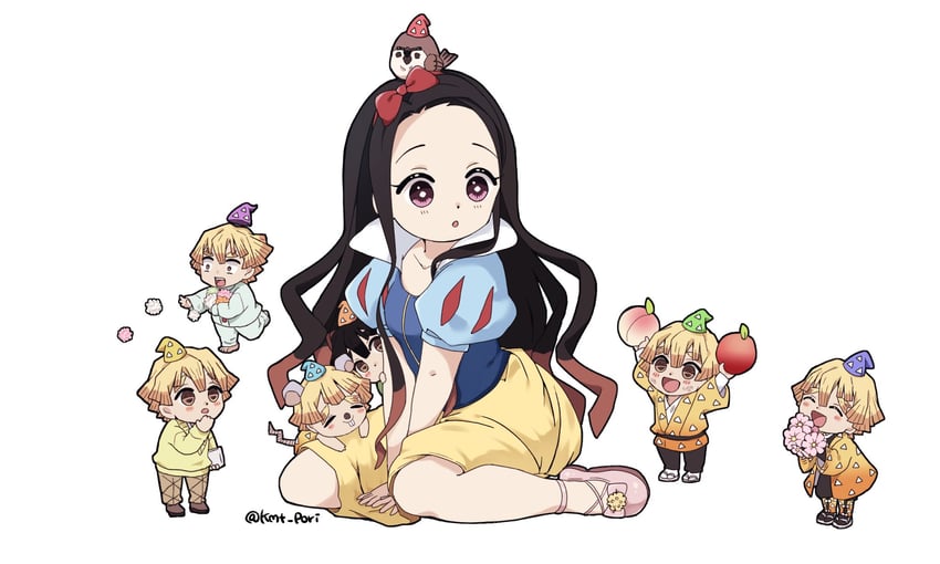 kamado nezuko, agatsuma zenitsu, snow white, and chuntarou (kimetsu no yaiba and 2 more) drawn by pori_(kmt_pori)