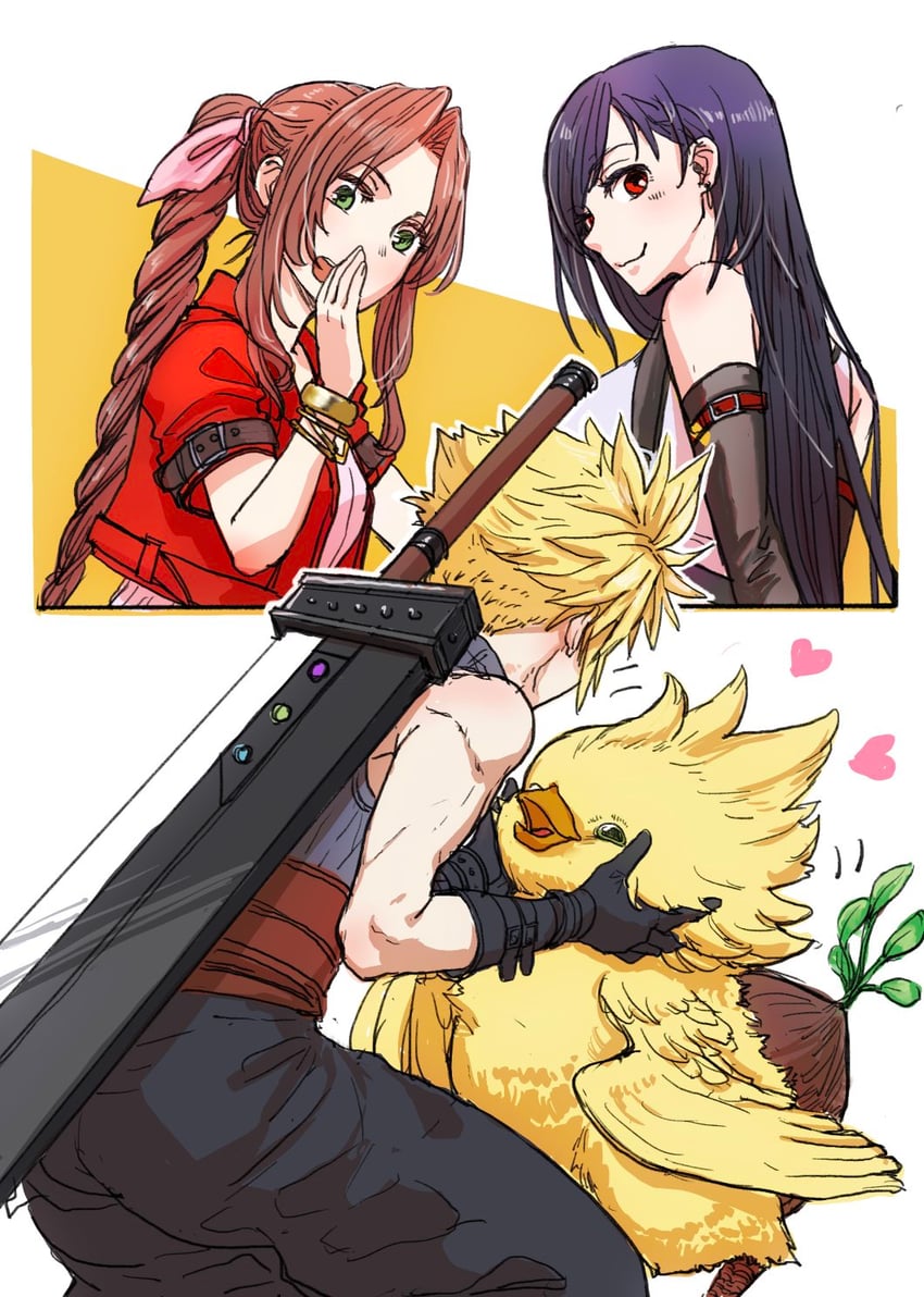 tifa lockhart, cloud strife, and aerith gainsborough (final fantasy and 3 more) drawn by youne_(youneko)