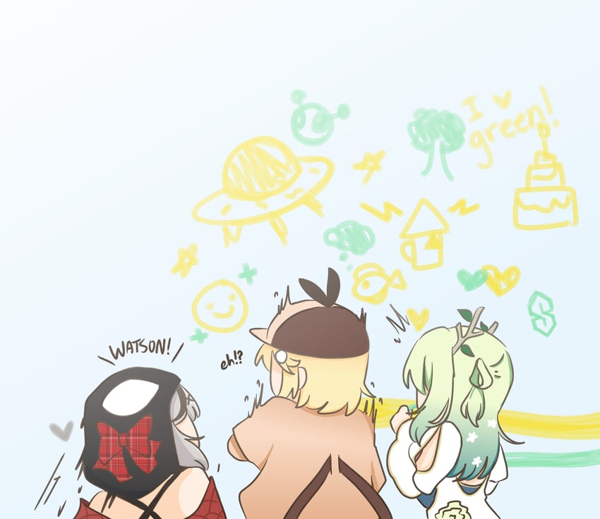 watson amelia, sakamata chloe, and ceres fauna (hololive and 1 more) drawn by nagi_nyaaa