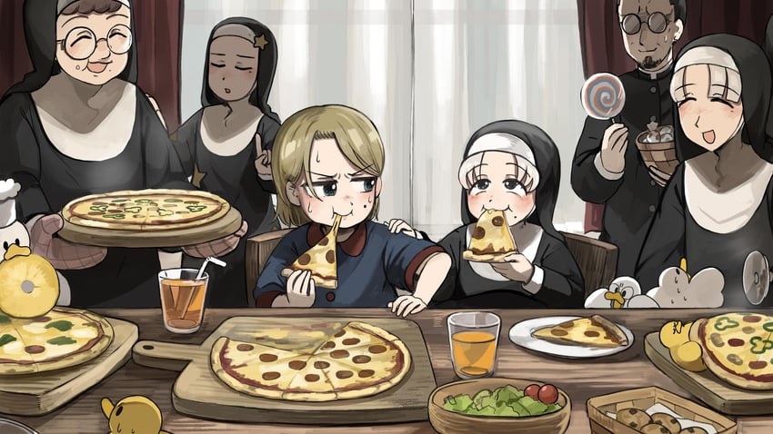 strict nun, star nun, smug nun, father, parted grey nun, and 1 more (little nuns) drawn by diva_(hyxpk)