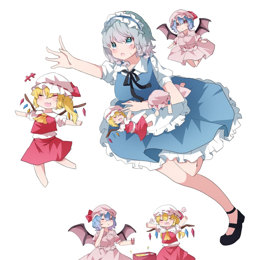 remilia scarlet, flandre scarlet, and izayoi sakuya (touhou) drawn by doko_ni_demo_iru_bakana_shojo