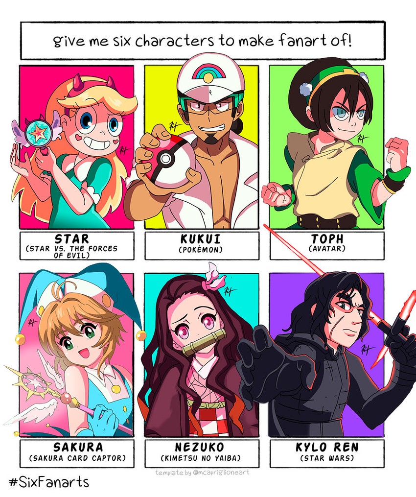 kinomoto sakura, kamado nezuko, toph beifong, professor kukui, star butterfly, and 1 more (pokemon and 8 more) drawn by harlequinwaffles
