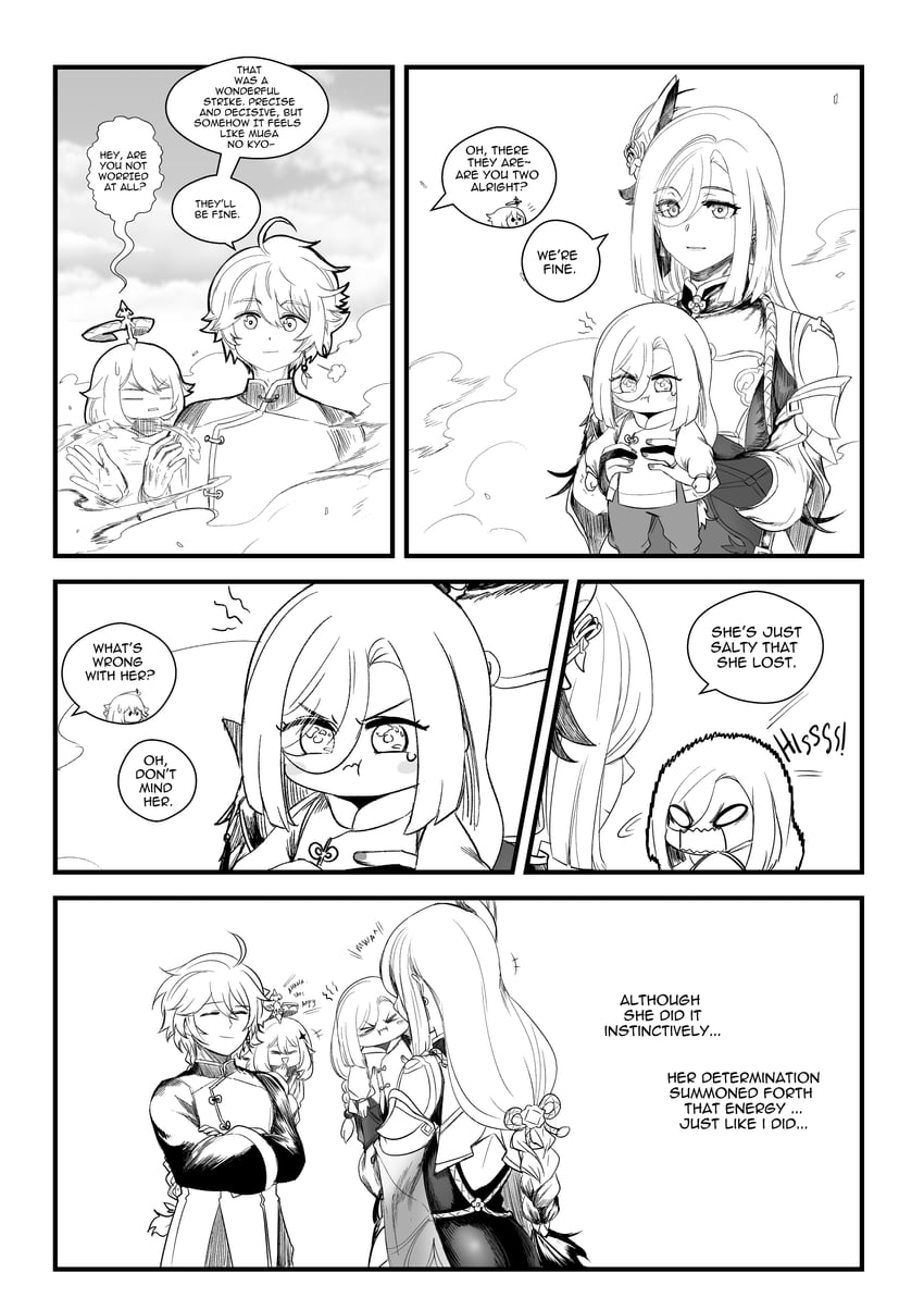 aether, paimon, and shenhe (genshin impact) drawn by aepuru_arts