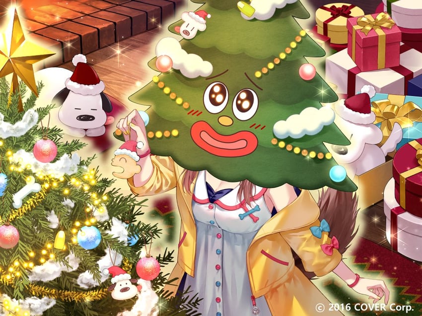 inugami korone, listener, hoso-inu, futo-inu, and tree-kun (hololive) drawn by fukahire_(ruinon)