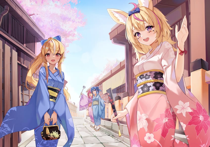 hoshimachi suisei, sakura miko, shiranui flare, and omaru polka (hololive) drawn by okey