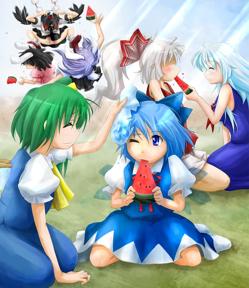 cirno, shameimaru aya, reisen udongein inaba, fujiwara no mokou, kamishirasawa keine, and 2 more (touhou) drawn by kitsune_maru