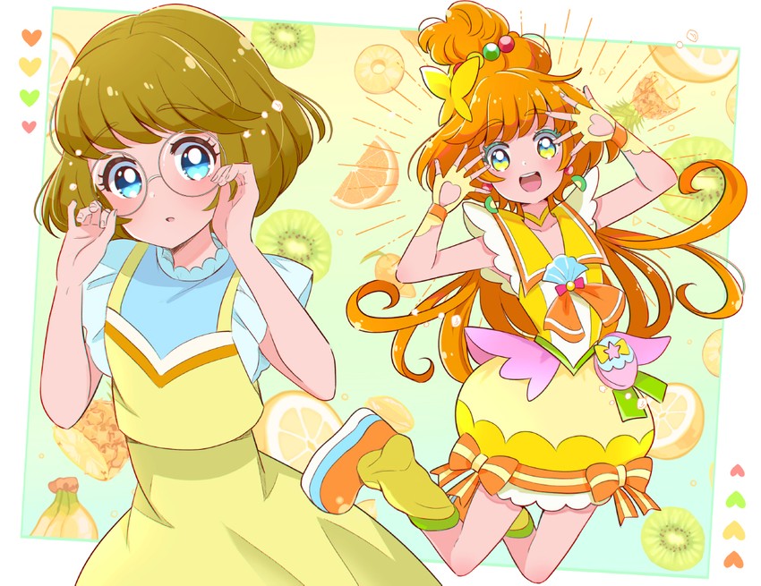 ichinose minori and cure papaya (precure and 1 more) drawn by juugoya_neko