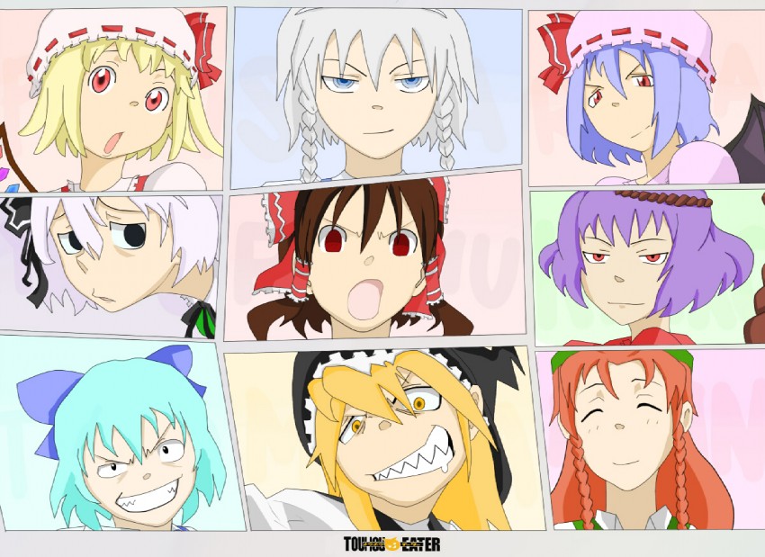 hakurei reimu, kirisame marisa, remilia scarlet, izayoi sakuya, konpaku youmu, and 3 more (touhou and 1 more) drawn by auau_(kamekuro)