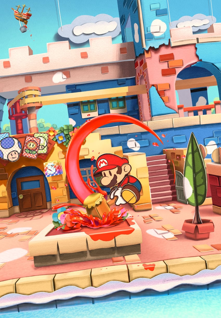 mario and paper mario (mario and 2 more) drawn by maribou_(supermaribou)