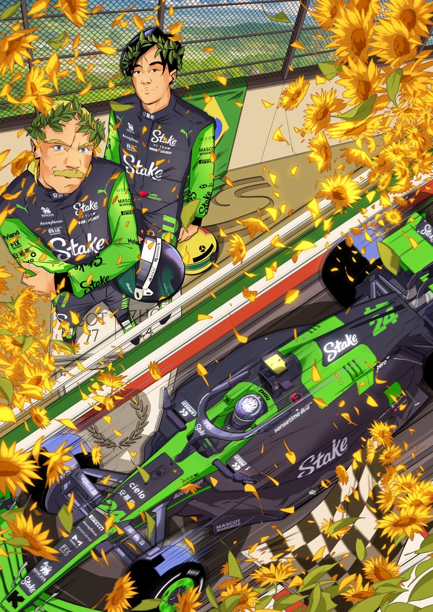 zhou guanyu and valtteri bottas (real life and 1 more) drawn by juan_alcala