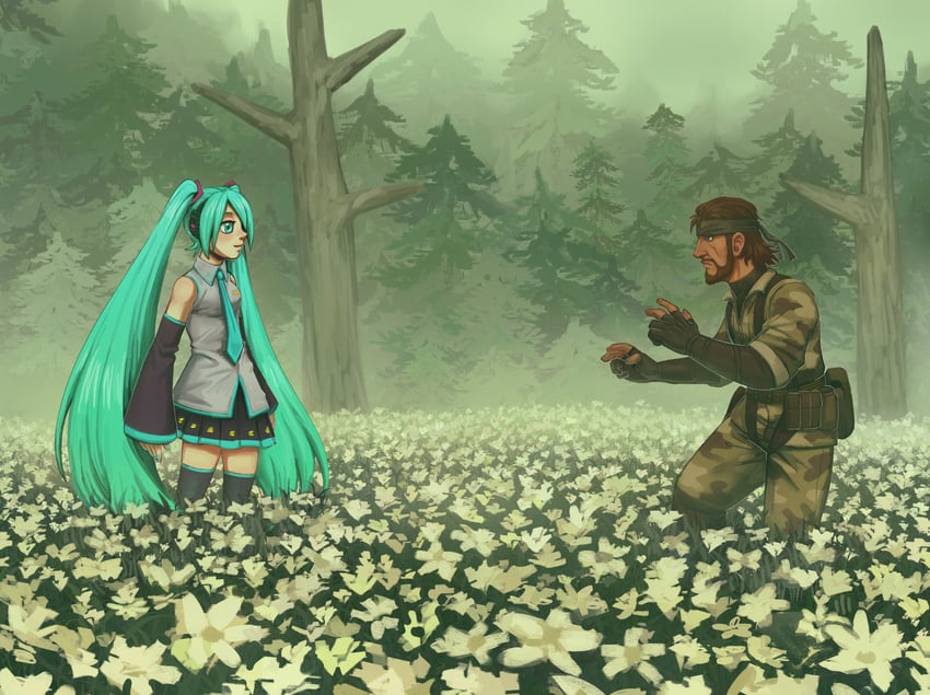 hatsune miku and naked snake (vocaloid and 2 more) drawn by daxratchet