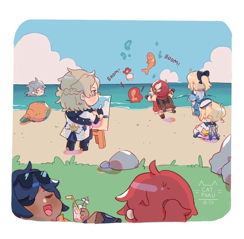 klee, barbara, jean, diluc, kaeya, and 3 more (genshin impact) drawn by paku_(cheebpaku)