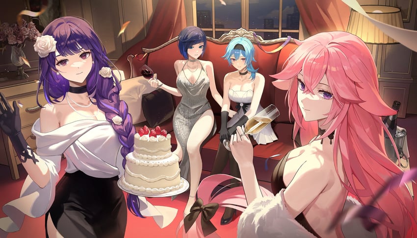 raiden shogun, yae miko, eula, and yelan (genshin impact) drawn by ryugisa