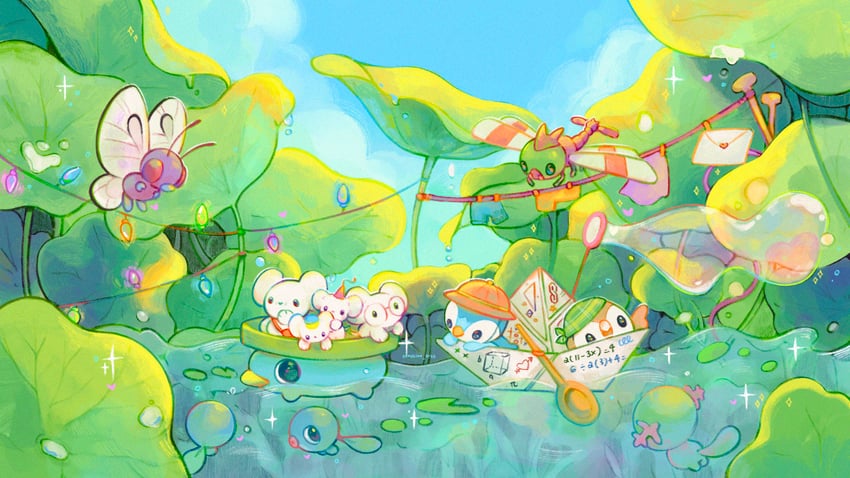rowlet, piplup, wooper, butterfree, poliwag, and 3 more (pokemon) drawn by sonshine-arts
