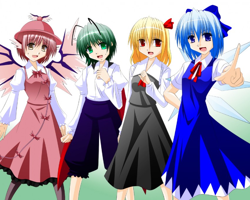 cirno, rumia, mystia lorelei, and wriggle nightbug (touhou) drawn by engo_(aquawatery)