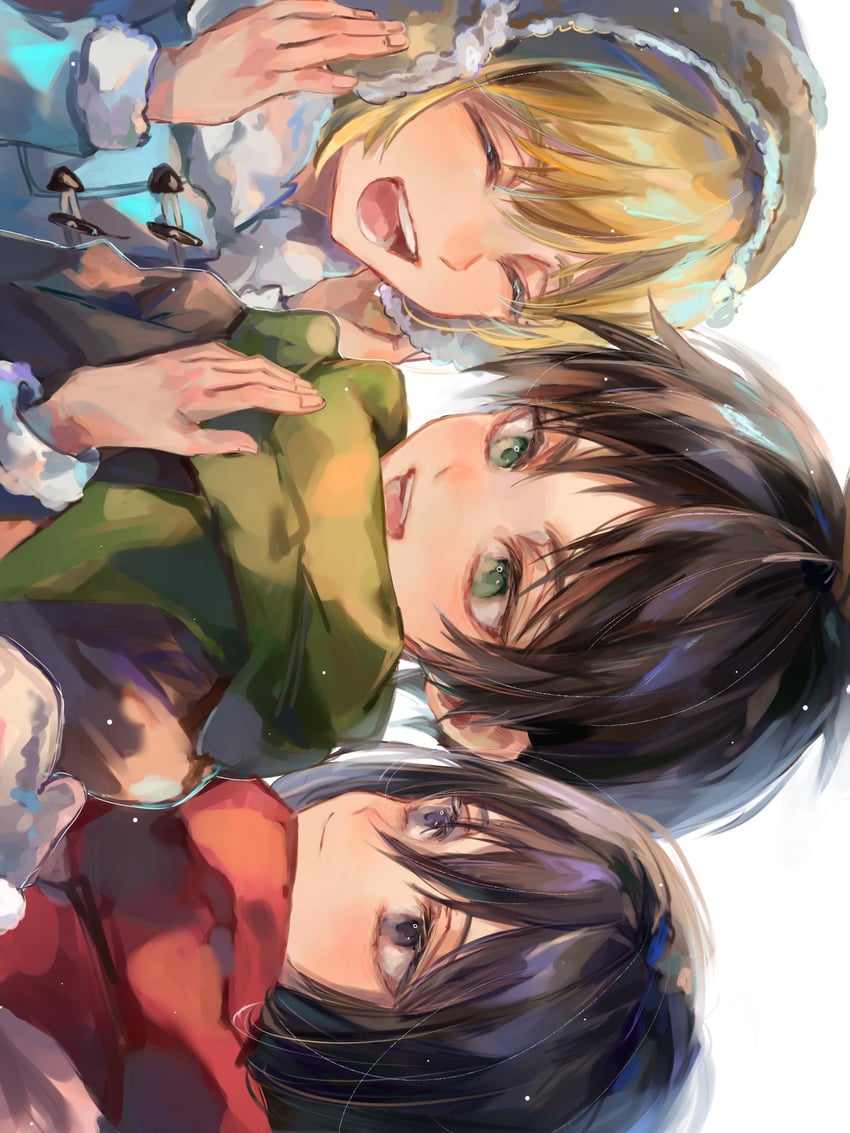 mikasa ackerman, eren yeager, and armin arlert (shingeki no kyojin) drawn by moruru_08