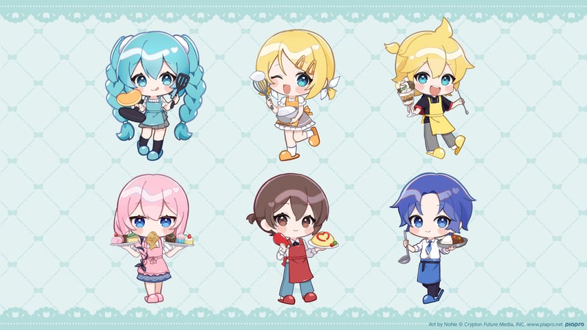 hatsune miku, kagamine rin, kagamine len, megurine luka, kaito, and 1 more (vocaloid) drawn by noneon319