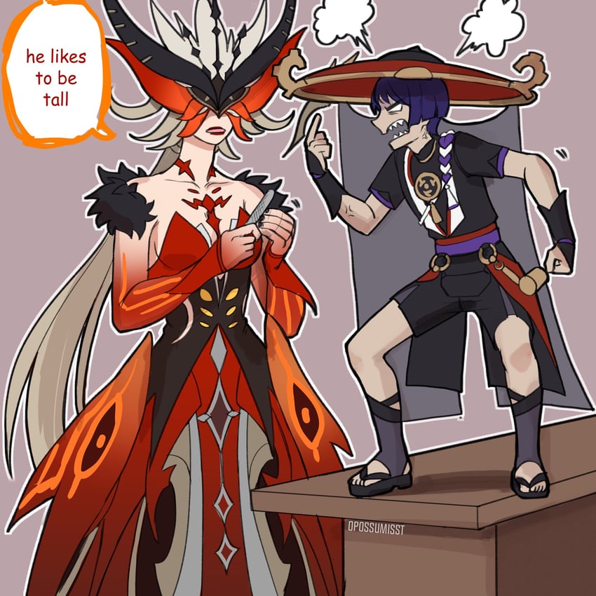 scaramouche and signora (genshin impact and 1 more) drawn by opossumisst