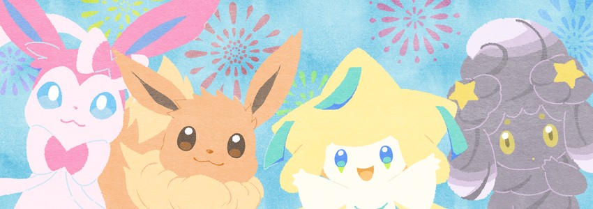 eevee, sylveon, jirachi, and alcremie (pokemon) drawn by punico_(punico_poke)