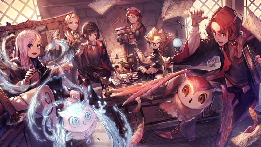cassandra vole, daniel page, ivy warrington, lottie turner, robyn thistlethwaite, and 1 more (wizarding world and 2 more) drawn by nakanishi_tatsuya