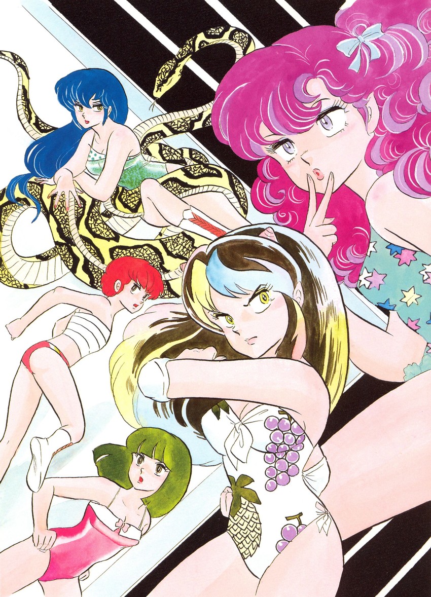 lum, ran, miyake shinobu, fujinami ryuunosuke, and sakura (urusei yatsura) drawn by takahashi_rumiko