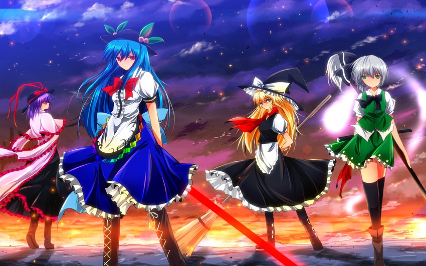 kirisame marisa, konpaku youmu, hinanawi tenshi, and nagae iku (touhou) drawn by nekominase