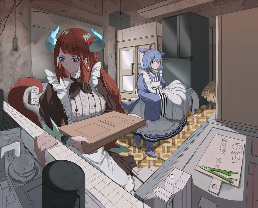 laundry dragonmaid and kitchen dragonmaid (yu-gi-oh!) drawn by uragawai