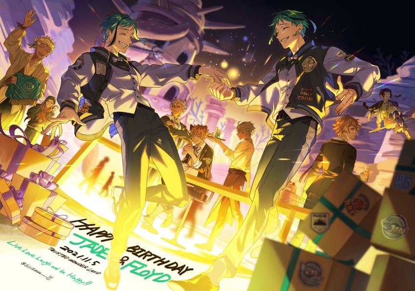 floyd leech, jade leech, azul ashengrotto, ruggie bucchi, ace trappola, and 4 more (twisted wonderland) drawn by siiisuuu