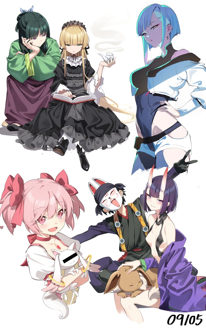 kaname madoka, kyubey, shuten douji, eevee, lucy, and 4 more (fate and 8 more) drawn by spider_apple
