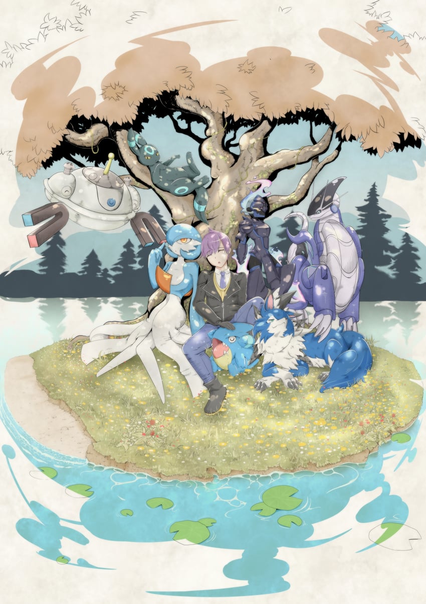 gardevoir, umbreon, florian, lycanroc, miraidon, and 3 more (pokemon and 1 more) drawn by yasagure_ookami