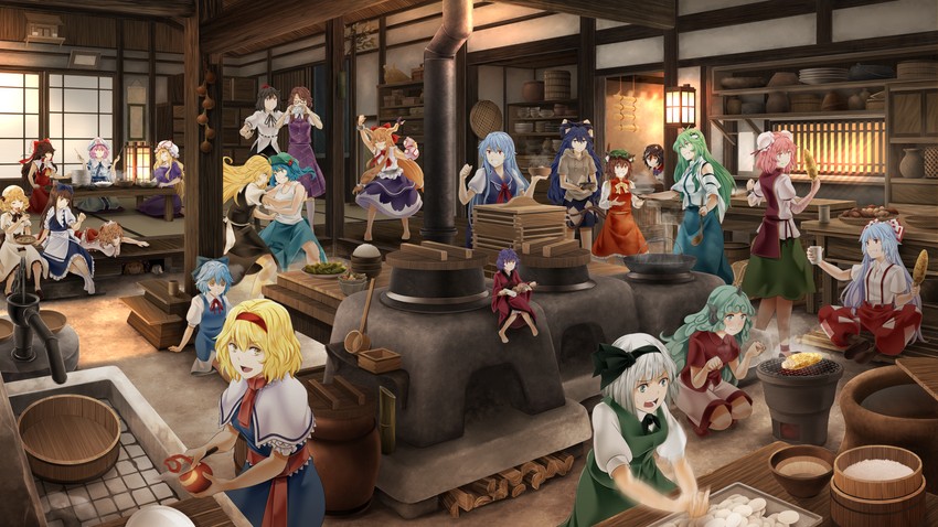 hakurei reimu, kirisame marisa, kochiya sanae, konpaku youmu, alice margatroid, and 19 more (touhou) drawn by arkatopia
