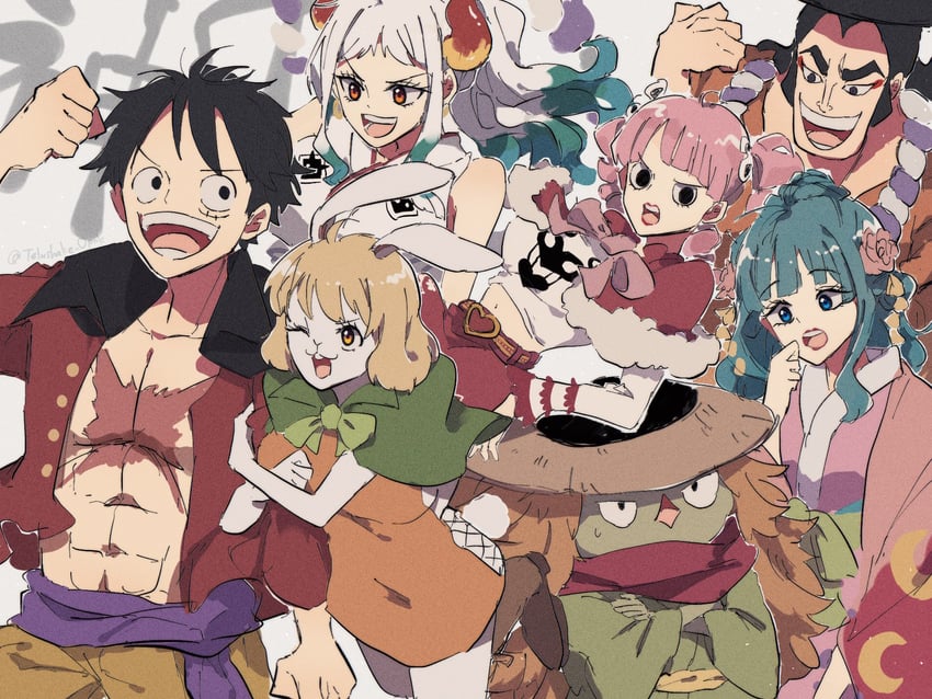 monkey d. luffy, yamato, perona, carrot, kouzuki hiyori, and 2 more (one piece) drawn by telushake_opnk