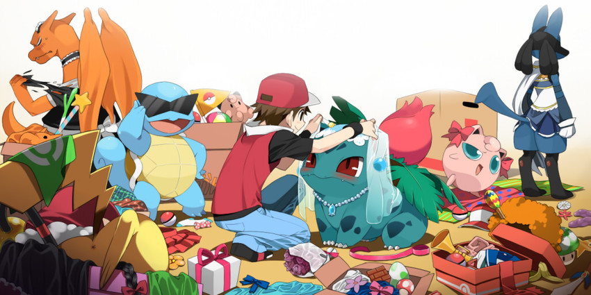 miki sayaka, pikachu, red, charizard, lucario, and 4 more (pokemon and 5 more) drawn by agemono