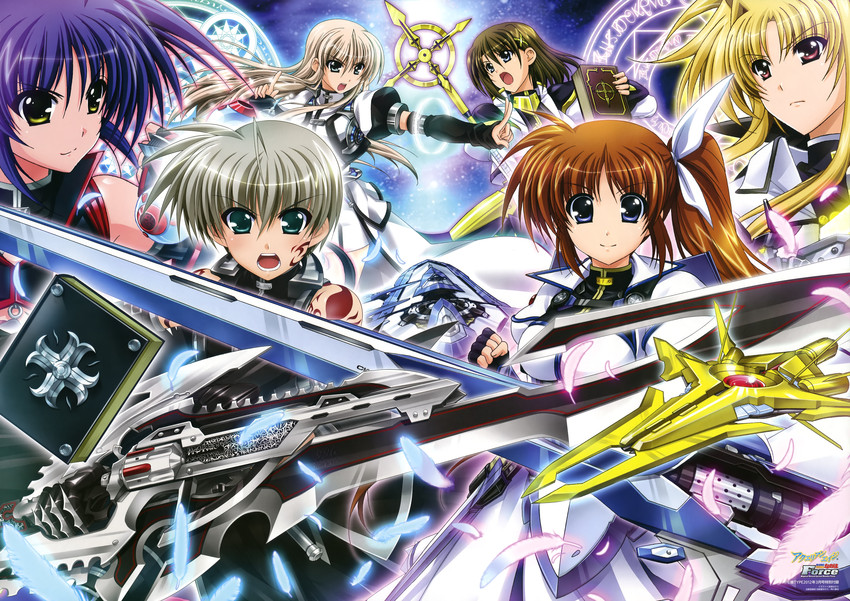 fate testarossa, takamachi nanoha, yagami hayate, raising heart, bardiche, and 10 more (lyrical nanoha and 1 more) drawn by higa_yukari