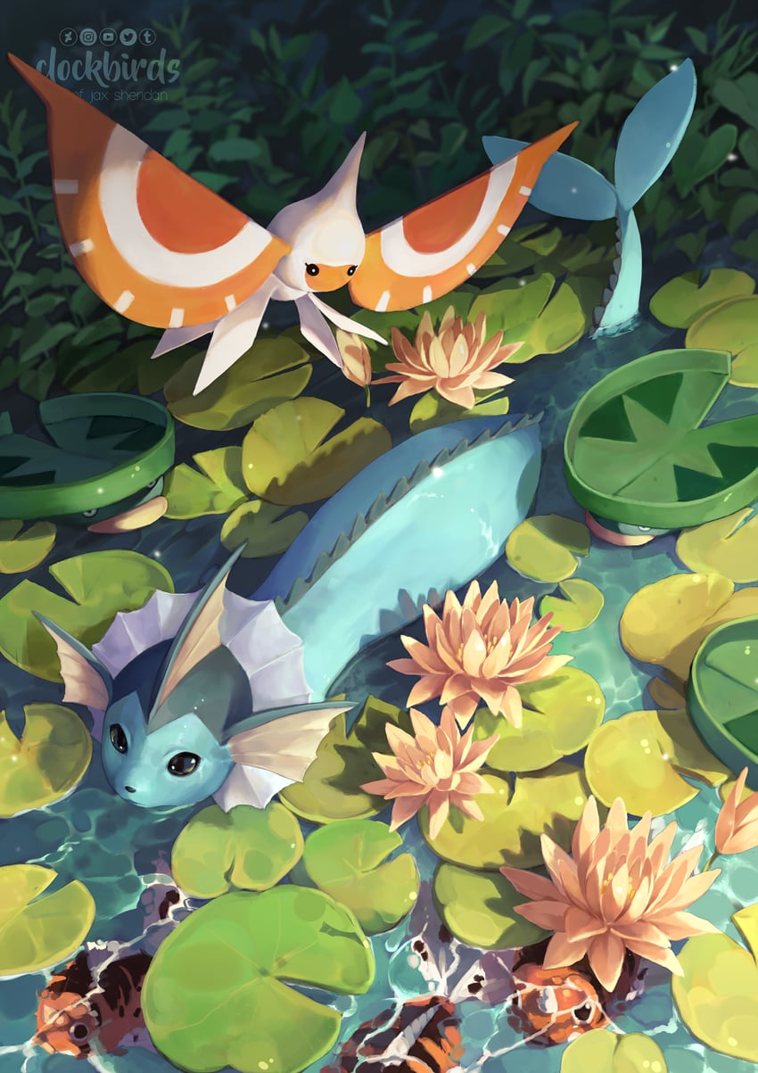 vaporeon, lotad, masquerain, and seaking (pokemon) drawn by clockbirds