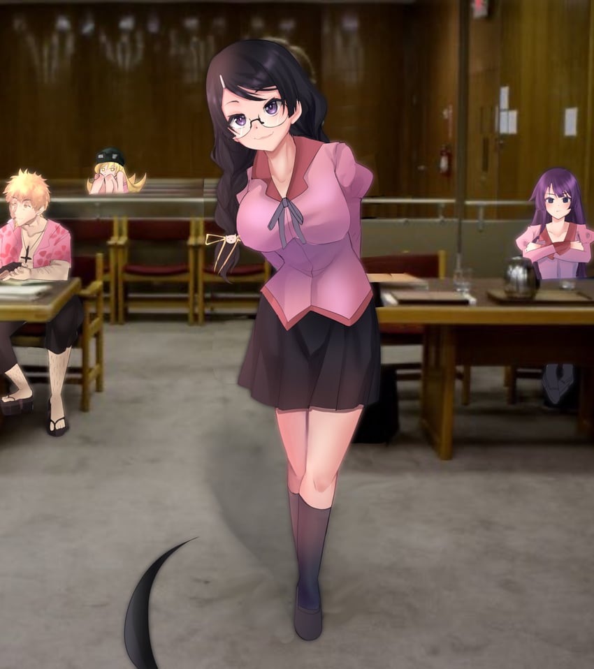 oshino shinobu, senjougahara hitagi, hanekawa tsubasa, araragi koyomi, and oshino meme (monogatari and 3 more) drawn by meemz_a