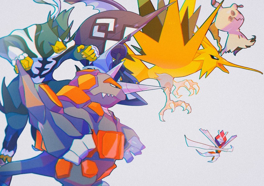 mimikyu, zapdos, urshifu, kartana, rhyperior, and 1 more (pokemon) drawn by saiku_(zvlku)