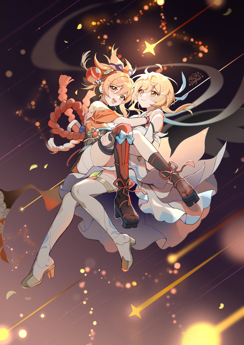 lumine and yoimiya (genshin impact) drawn by gou_lianlian_dogface