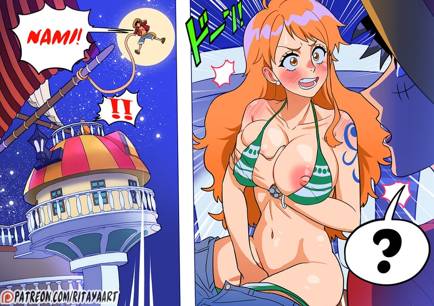 nami, monkey d. luffy, and thousand sunny (one piece) drawn by rita_ya