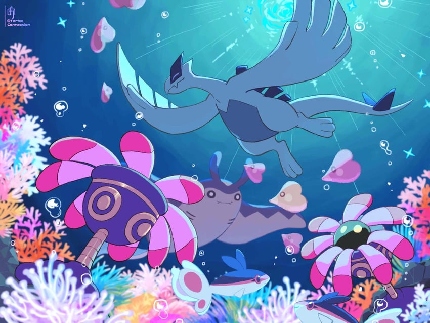 lugia, luvdisc, mantine, finneon, and lileep (pokemon) drawn by chikafuji