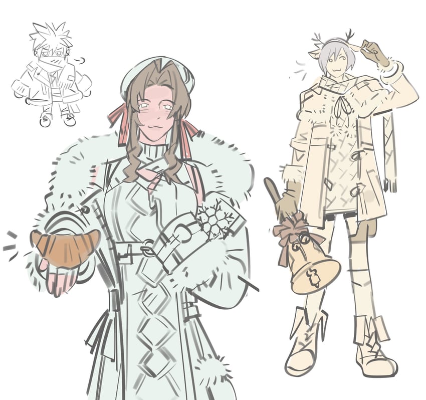 cloud strife, aerith gainsborough, and yuffie kisaragi (final fantasy and 2 more) drawn by mmmckayyy