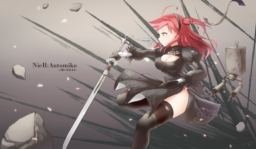 2b and sakura miko (hololive and 2 more) drawn by qingyunmengyi