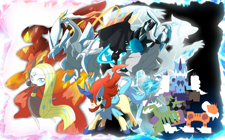 reshiram, meloetta, zekrom, kyurem, keldeo, and 5 more (pokemon) drawn by kaian