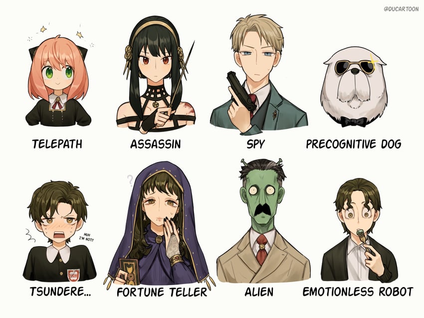 yor briar, anya, twilight, damian desmond, bond, and 3 more (spy x family) drawn by ducartoon