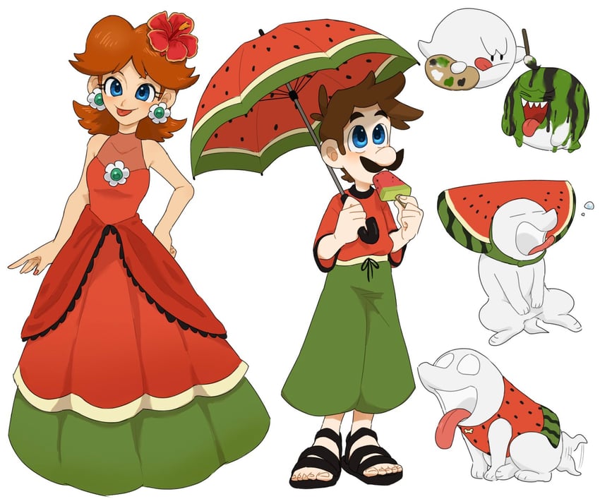 luigi, princess daisy, boo, and polterpup (mario and 2 more) drawn by mimimi_(mimimim9999)