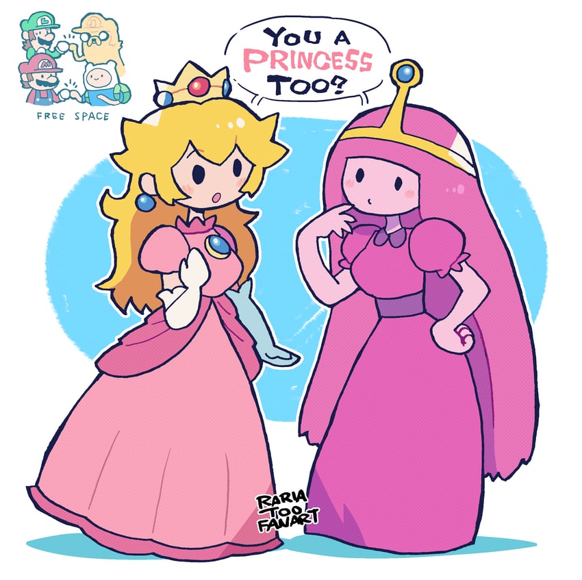 princess peach, mario, luigi, princess bonnibel bubblegum, finn the human, and 1 more (mario and 1 more) drawn by rariatto_(ganguri)