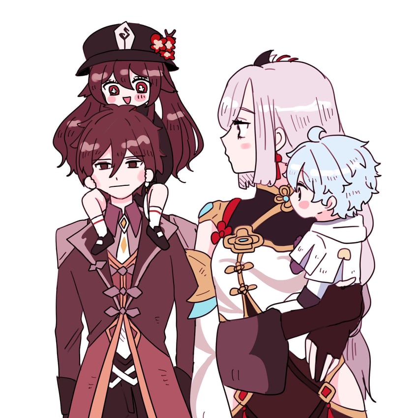 hu tao, zhongli, shenhe, and chongyun (genshin impact) drawn by cocotsuko1204