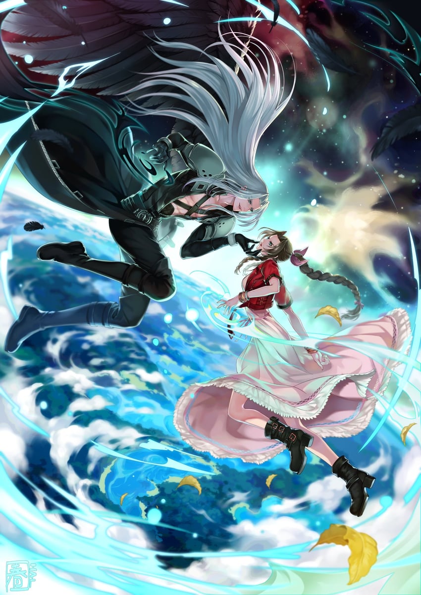 aerith gainsborough and sephiroth (final fantasy and 2 more) drawn by halu-ca