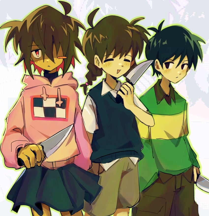 sunny, madotsuki, and kris (omori and 2 more) drawn by viscogone